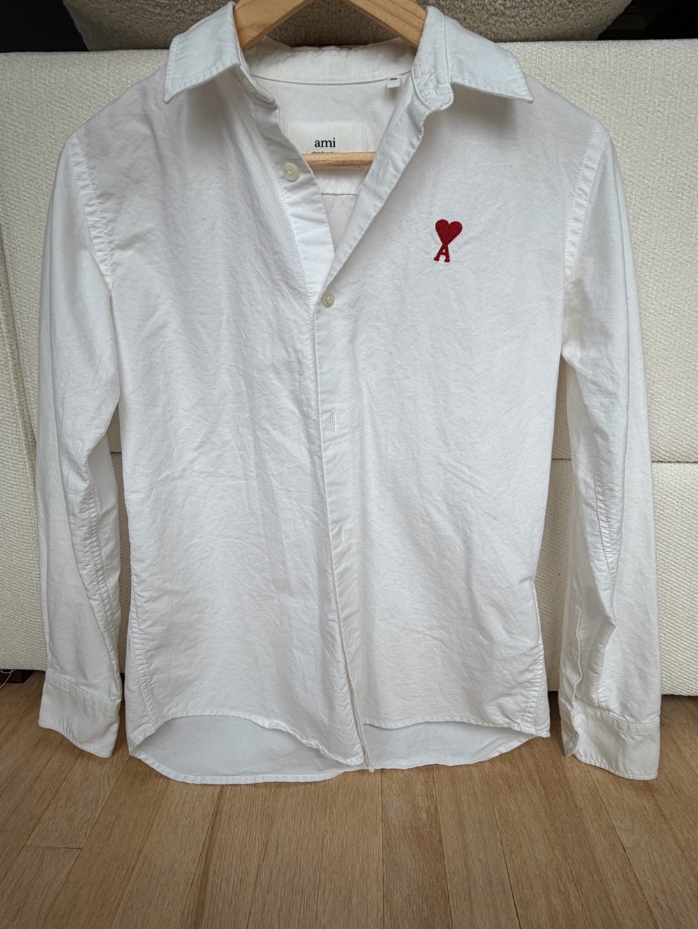 Ami Alexandre Mattiussi White Button-Down Shirt with Red Heart 'A' Motif